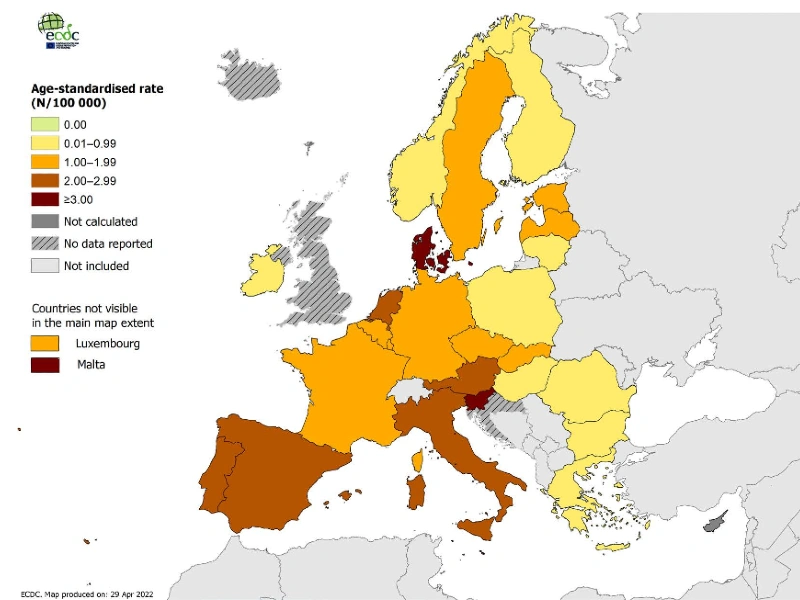 Legionellaforekomst i EU 2022
