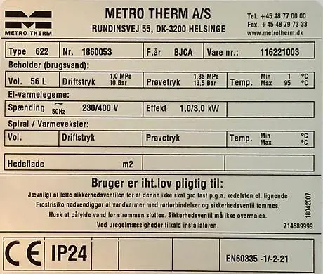 Typeskilt til
varmtvandsbeholder