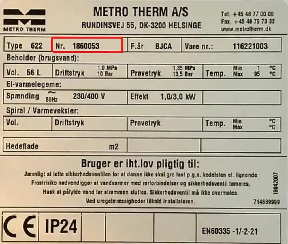Billede af produktregistrering med serienummer varmtvandsbeholder